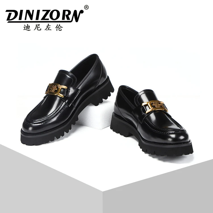 迪尼黑色左伦商务休闲皮鞋男时尚一脚蹬鞋夏季透气乐福鞋厚底百搭