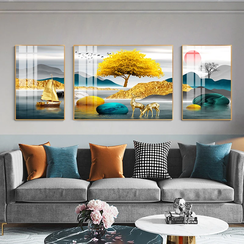 【福禄双全】沙发背景墙客厅装饰画轻奢晶瓷画铝合金三联框画简约