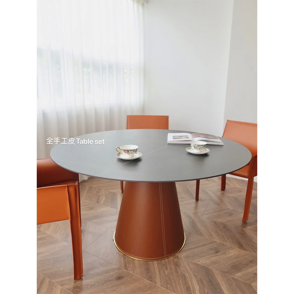 犀牛造物！欧式进口手工皮岩板餐桌家庭多用圆饭桌网红餐桌椅组合