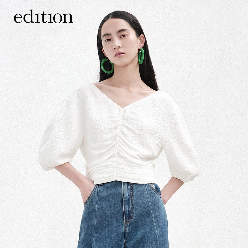 edition泡泡袖上衣女夏新款气质小众抽褶桑蚕丝短上衣#EBB2TOP027