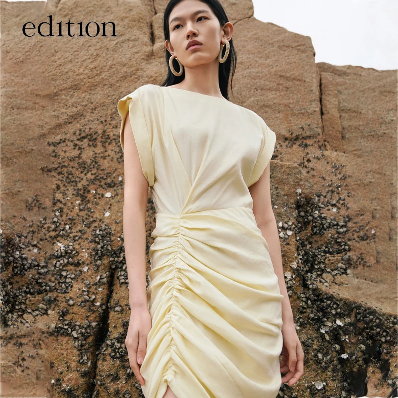 edition度假风抽褶连衣裙女夏款设计感小众亚麻连衣裙#EBB2DRST01
