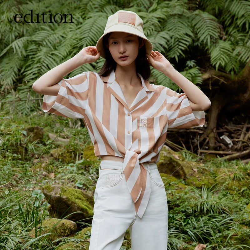 edition真丝条纹短袖衬衫女夏新款度假风衬衣小众时尚#EBB2TOP009