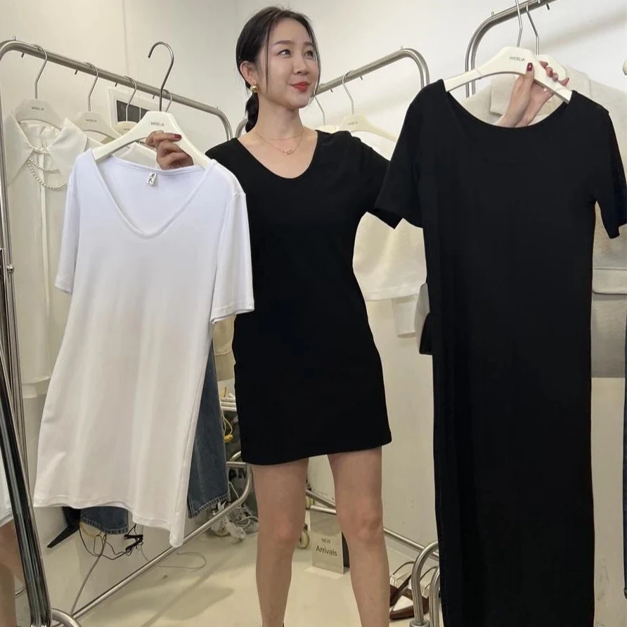 2023高弹力经典款时尚时髦遮肉纯色长裙百搭短袖T恤打底裙女7007