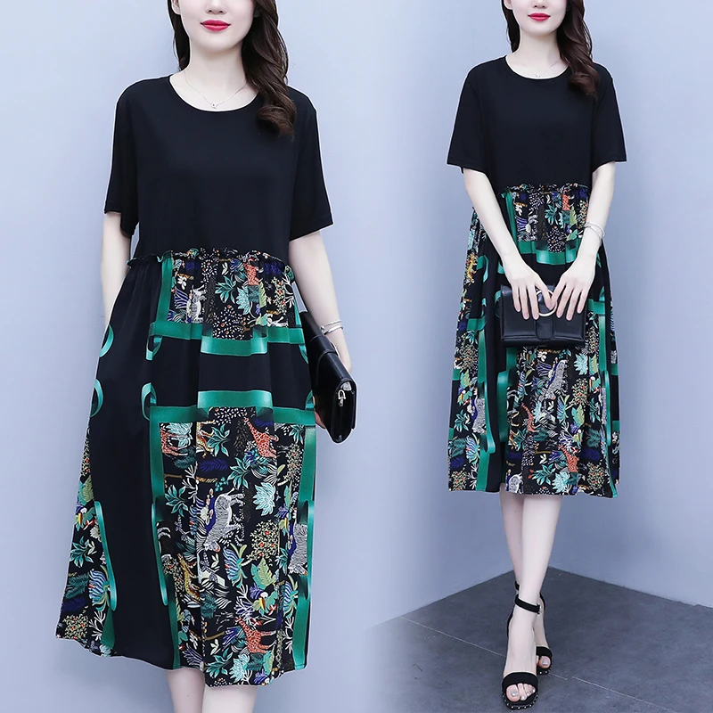 L-5XL2024夏装新款中年妈妈装大码减龄宽松藏肉遮肚子显瘦连衣裙