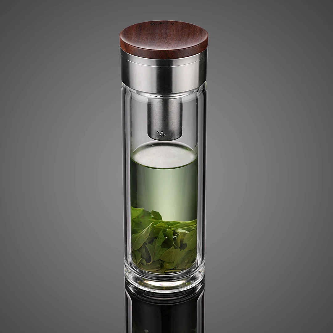 【木纹盖】红木盖双层高档高硼硅玻璃杯透明便携带盖茶水杯过滤杯