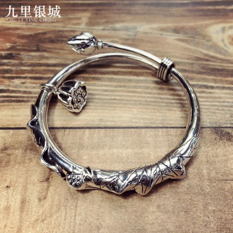 足银手镯 纯银两世欢立体莲蓬银荷花手镯百搭镯子复古古风镯子