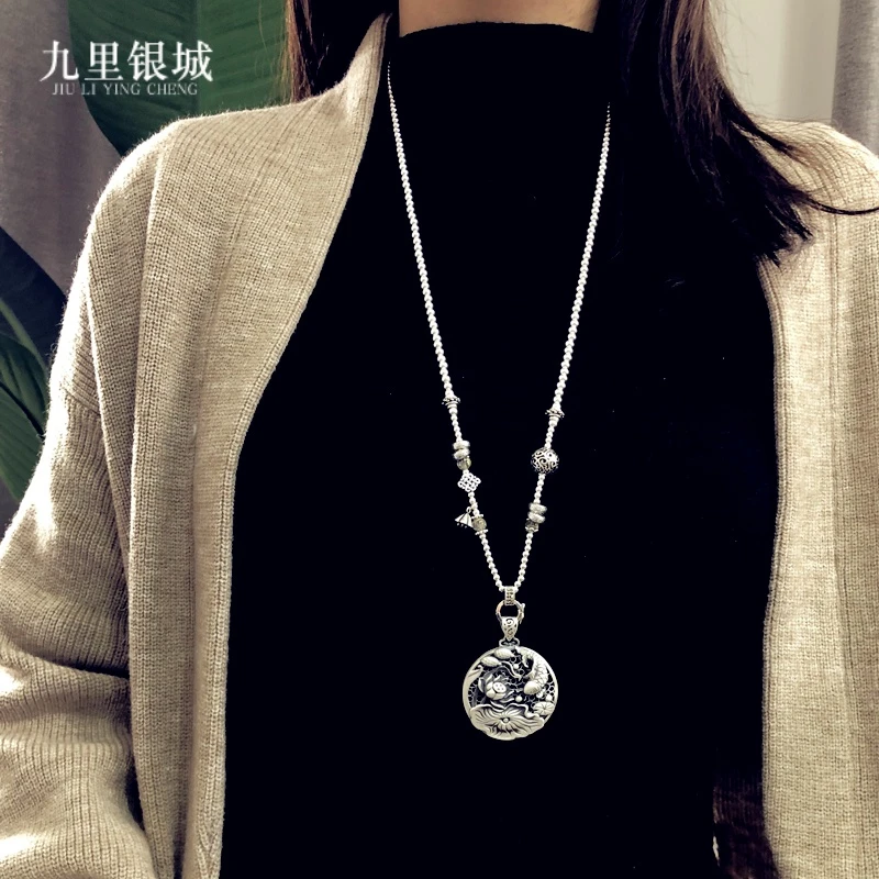 吊坠足银 纯银莲花毛衣链女复古百搭古典大气手工银珠长项链礼物