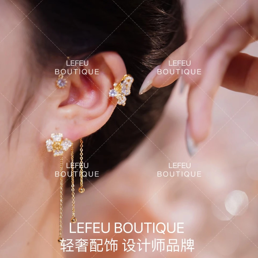 LEFEU BOUTIQUE 铜合金耳饰 品牌新品蝴蝶花瓣流苏耳夹女RJ008#