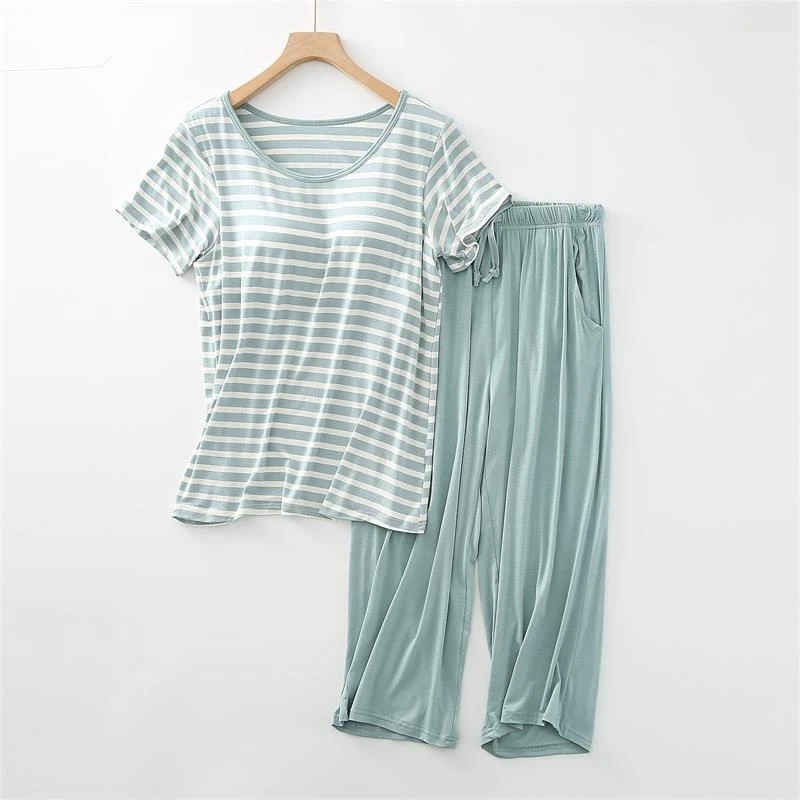 莫代尔女带胸垫上衣半袖罩杯一体条纹宽松短袖睡衣外穿家居服