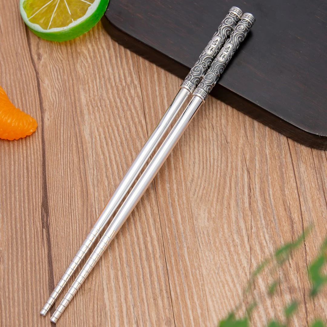 归银堂 足银银制品 百福吉祥凤凰纯手工高档银筷子中式足银筷子