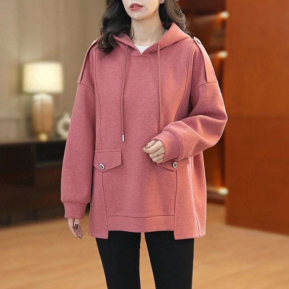 【衣品乐设计款】欧洲站大码肩章连帽呢料加厚卫衣女宽松B3203