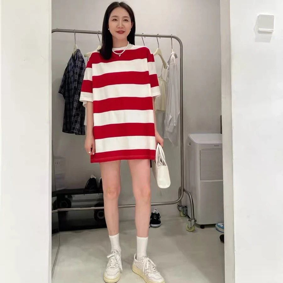 夏季新款韩版女装慵懒风撞色条纹宽松中长款圆领显瘦短袖T恤7607