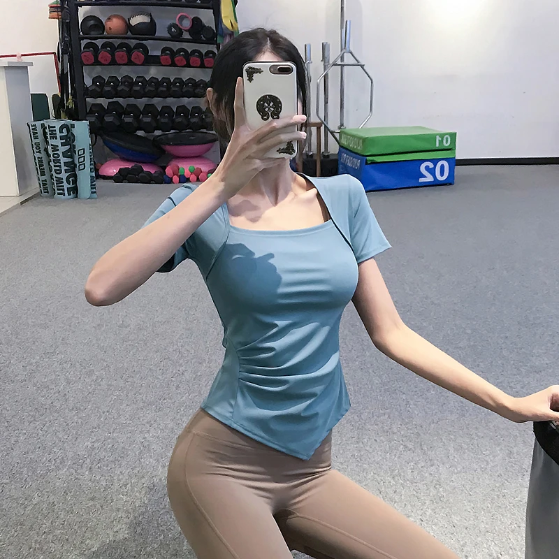 岚纹显瘦运动短袖弹力紧身瑜伽服上衣跑步速干T恤薄款网红新褶皱