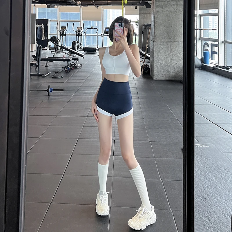 岚纹健身拼色运动短裤夏紧身高腰瑜伽夏季提臀无尴尬线三分裤外穿