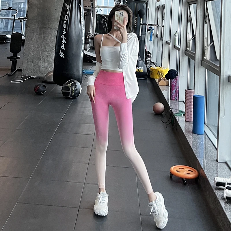 岚纹健身裸感瑜伽裤紧身高腰提臀跑步蜜桃扎染弹力运动长裤渐变潮