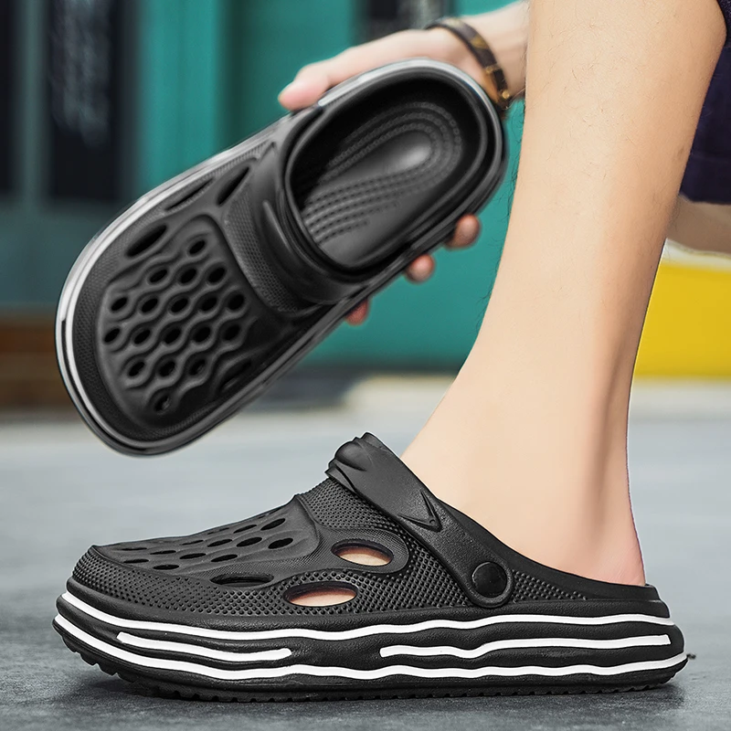 夏季沙滩洞洞鞋男士凉鞋踩屎感包头半拖防滑外穿网红厚底凉拖鞋女
