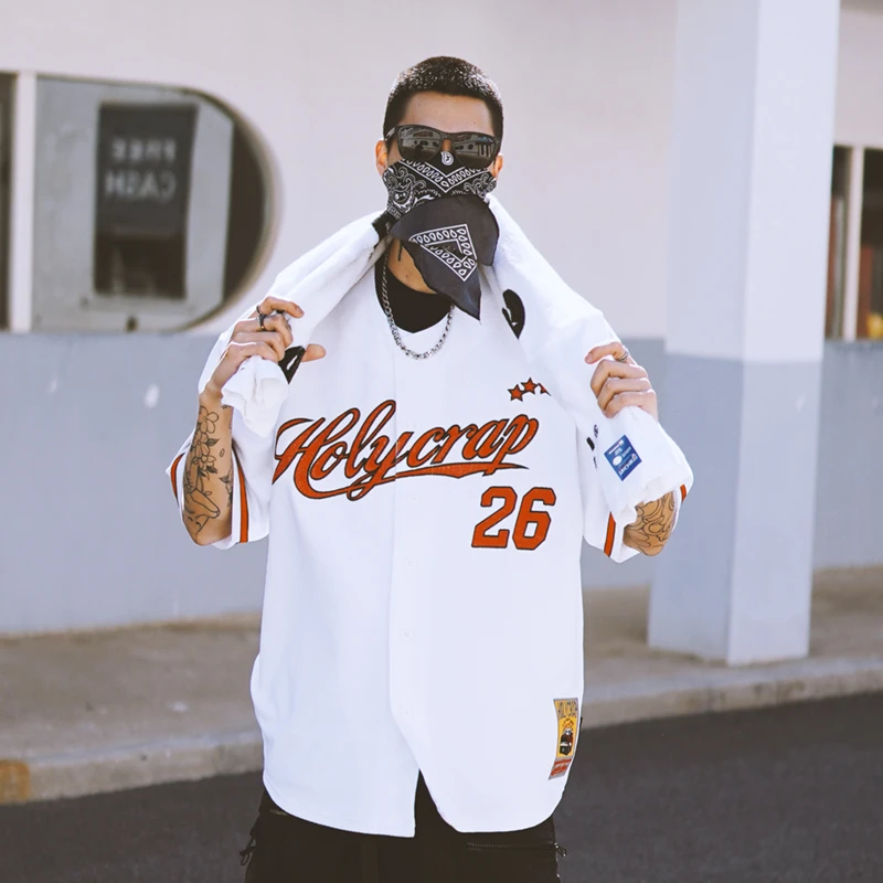 Holycrap嘻哈棒球短袖开衫原创潮牌bboy街舞hiphop廓形落肩半袖夏