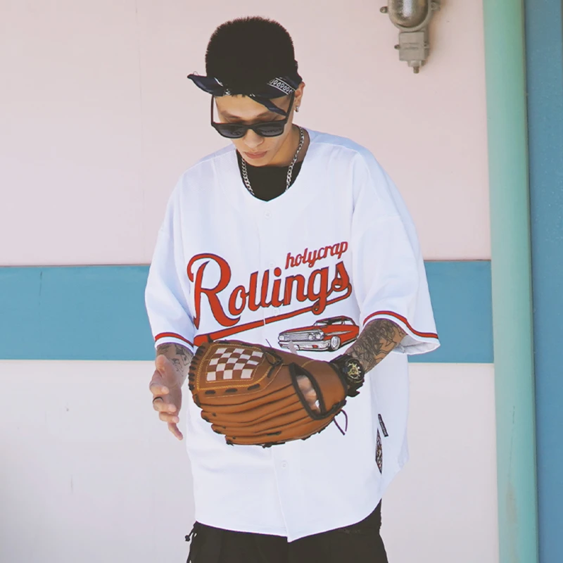 Holycrap棒球短袖开衫原创低爬车刺绣hiphop街舞美式西海岸衬衫夏