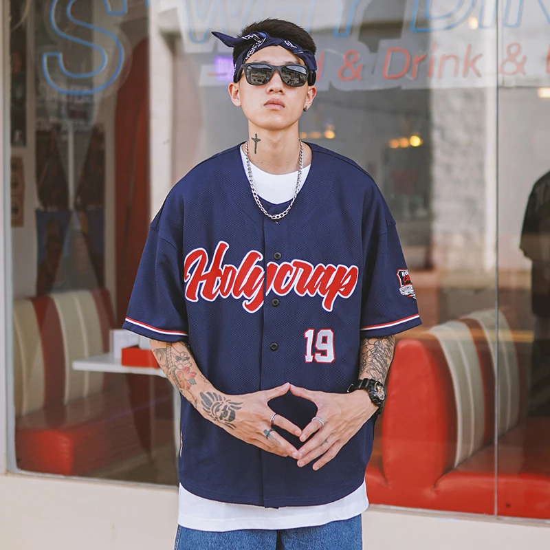 Holycrap美式嘻哈棒球短袖球衣西海岸复古hiphop街舞宽松开衫T恤