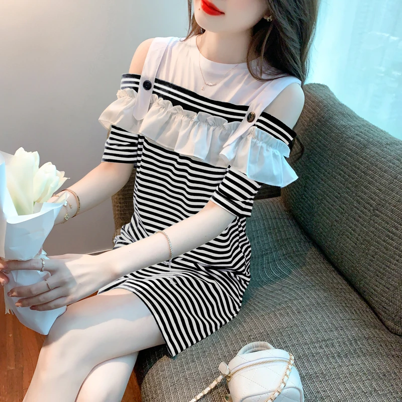 气质荷叶边露肩连衣裙155小个子微胖女夏季新款韩版宽松显瘦裙子