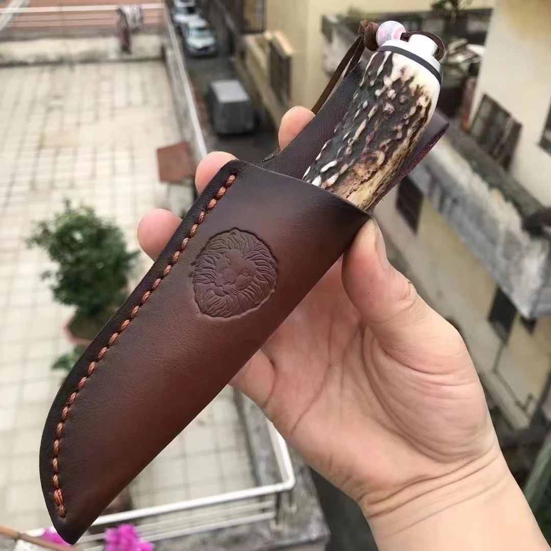 【天潇专属】大马士革锻打雨滴祥云纹天然鹿角镶蓝松石手柄西餐刀