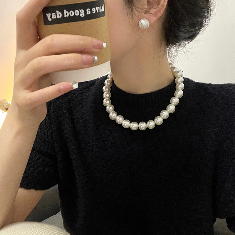 铜合金仿珍珠项链 小众简约锁骨链串珠颈链短款项链