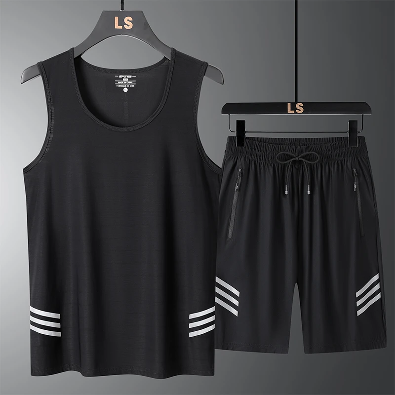 夏季冰丝背心男士无袖速干T恤健身跑步加肥大码胖子休闲运动套装