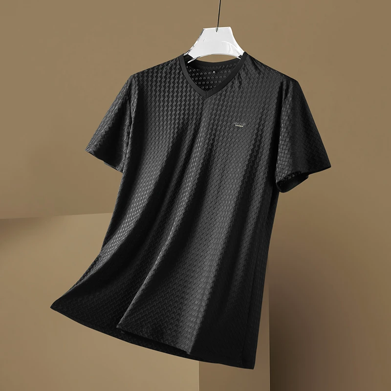 夏季大码男士短袖t恤冰丝加大加肥体恤3D格子青年休闲宽松大胖子