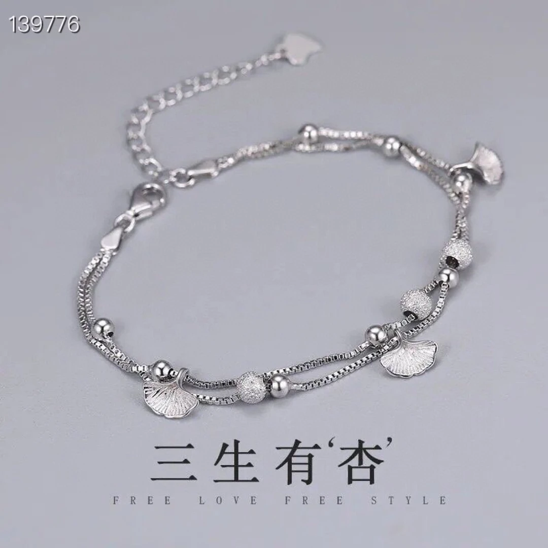 纯银990三生有杏脚链女古风森系简约双层脚踝链闺蜜姐妹链网红潮