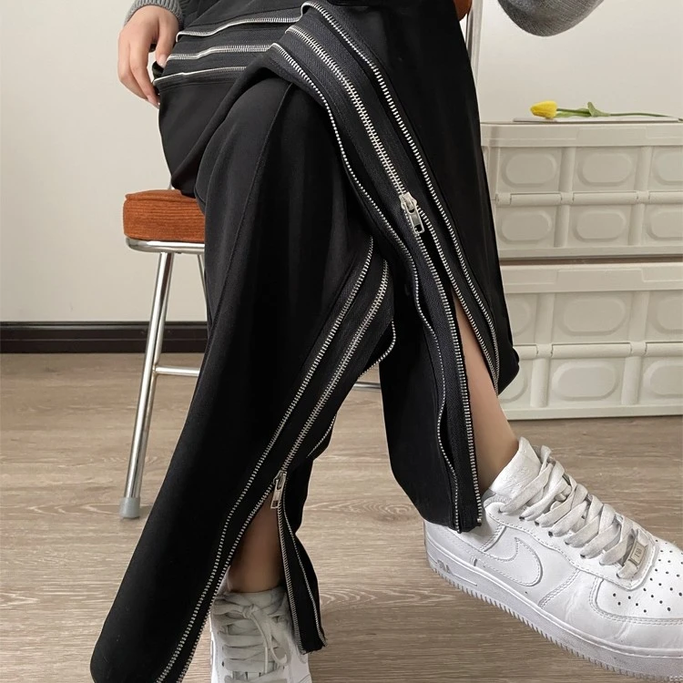 美潮拉链裤子高街潮ins设计感小众微喇叭开叉拖地裤男女直筒阔腿