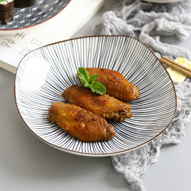 日式8英寸方形盘陶瓷餐具釉下彩菜盘点心盘沙拉盘条纹家用深菜盘