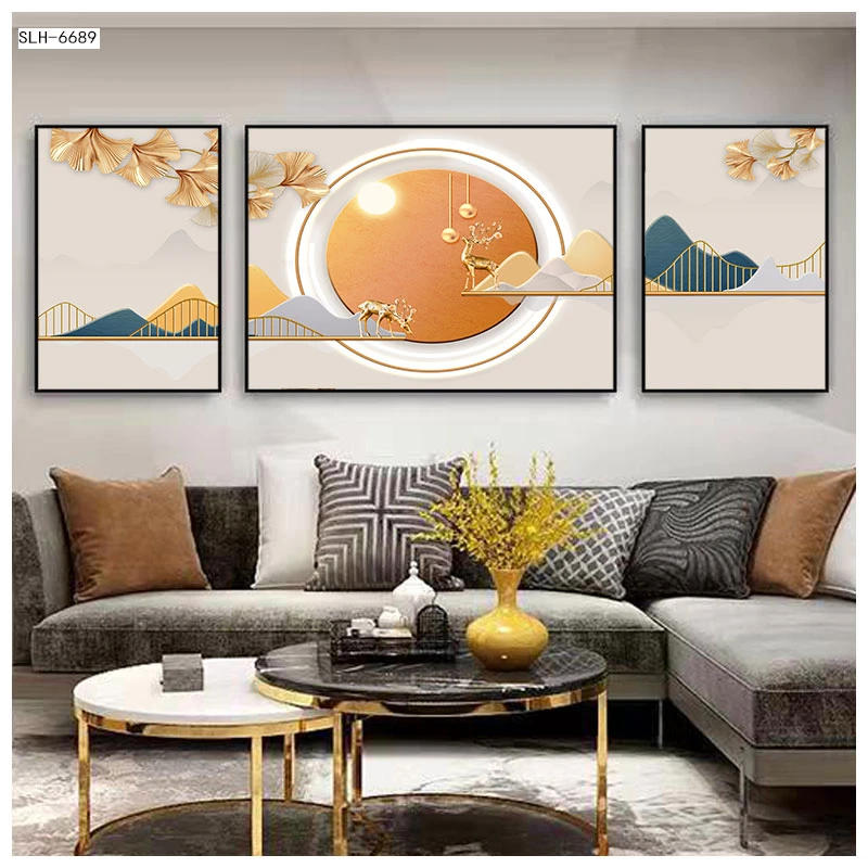 [佳盛画廊]装饰画高端三联-轻奢银杏叶