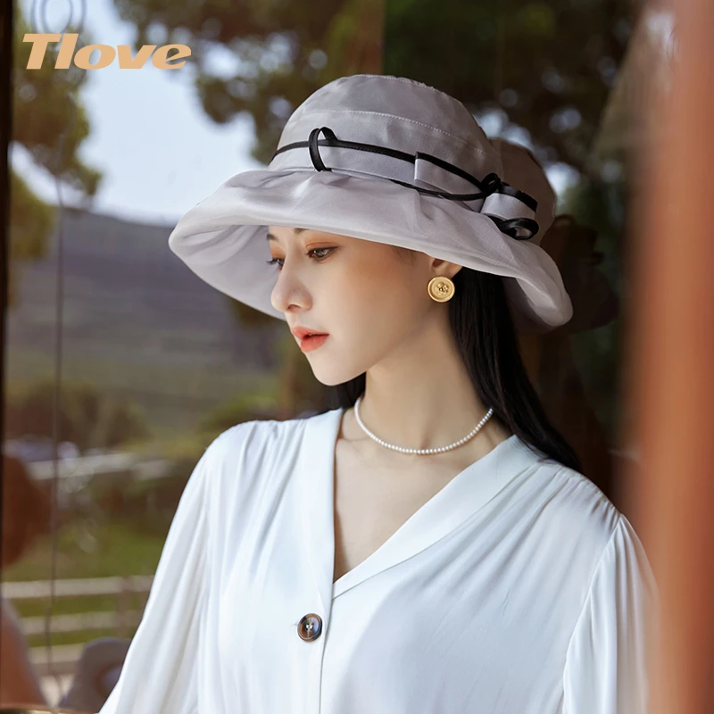 7806夏季出游新款时尚优雅大帽檐桑蚕丝帽子女士遮脸可折叠遮阳帽