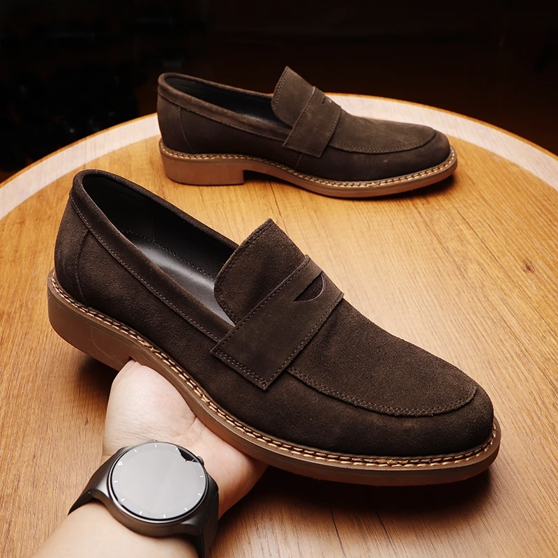 2023春季新款乐福鞋男真皮磨砂一脚蹬套脚懒人鞋反绒休闲皮鞋棕色