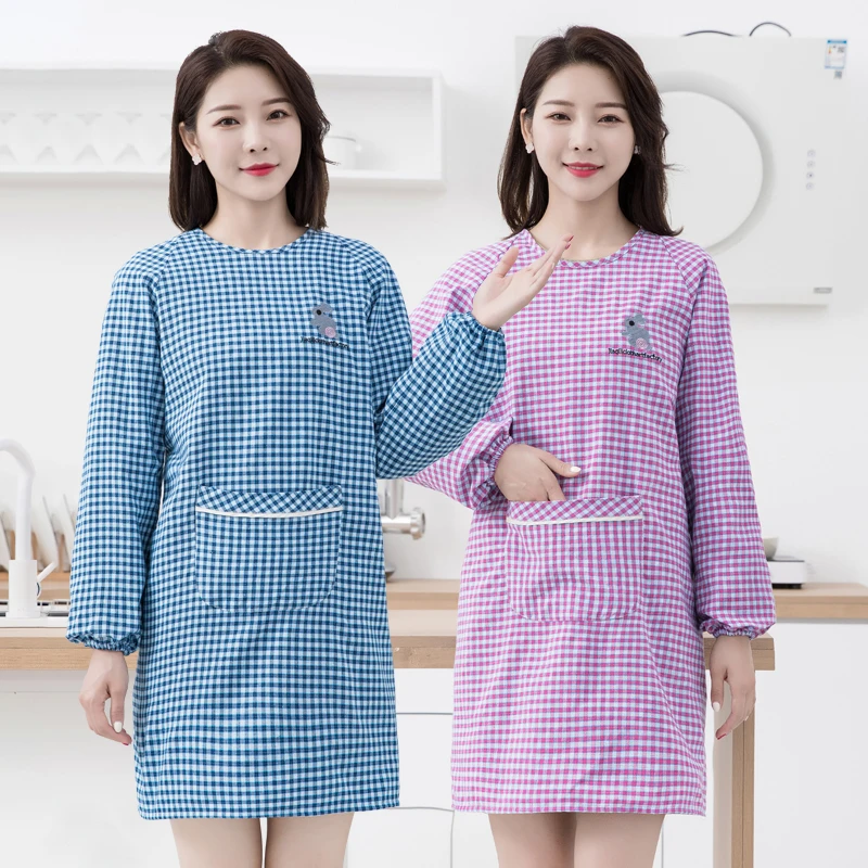 棉布长袖加长加肥罩衣家用厨房做饭围裙上班女干活防污有袖工作服