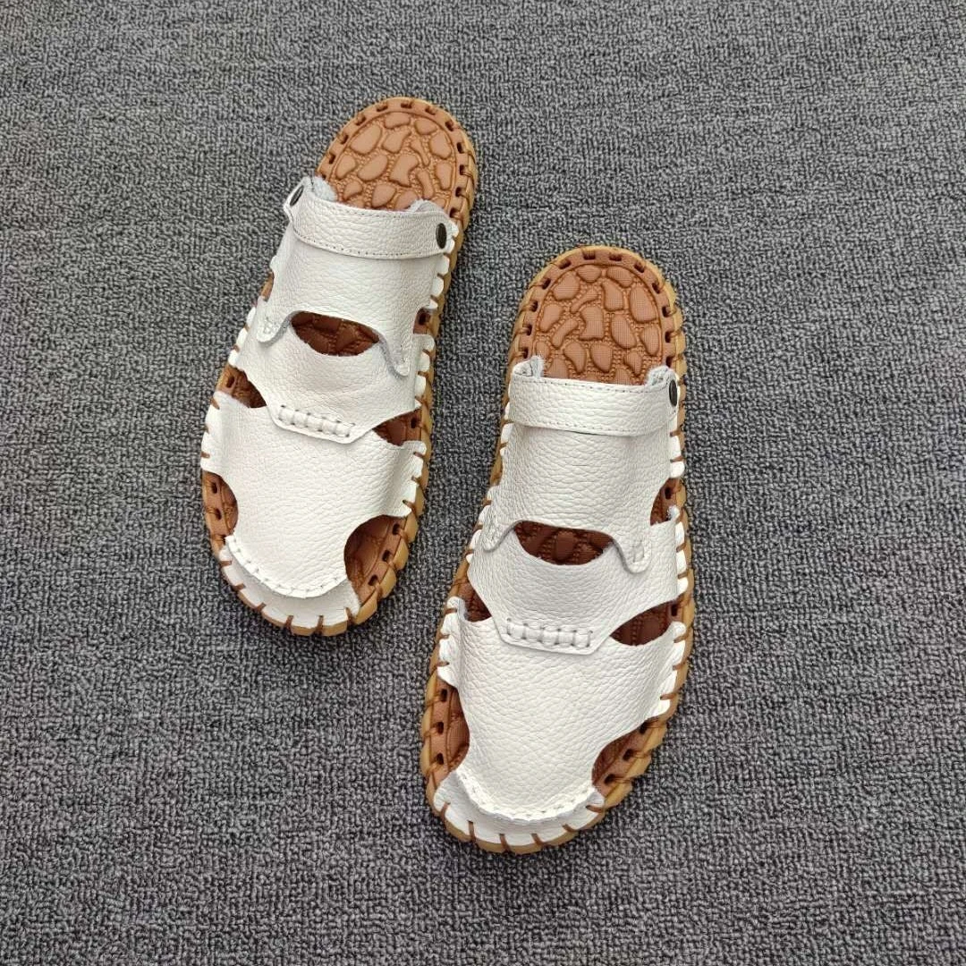 夏季新款头层牛皮男士休闲凉皮鞋透气舒适时尚沙滩鞋全新手工拖鞋