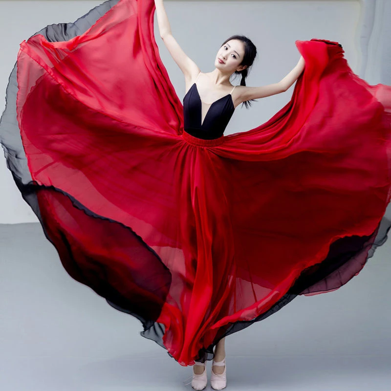 开场舞半身裙720度大摆裙舞蹈练功服表演出双层两面穿天丝长裙子