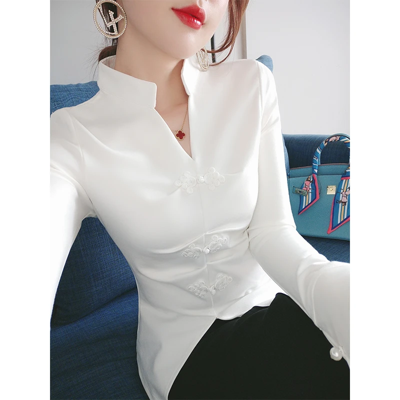 民族风盘扣衬衫女秋装2023年新款时尚内搭气质中国风别致上衣女装