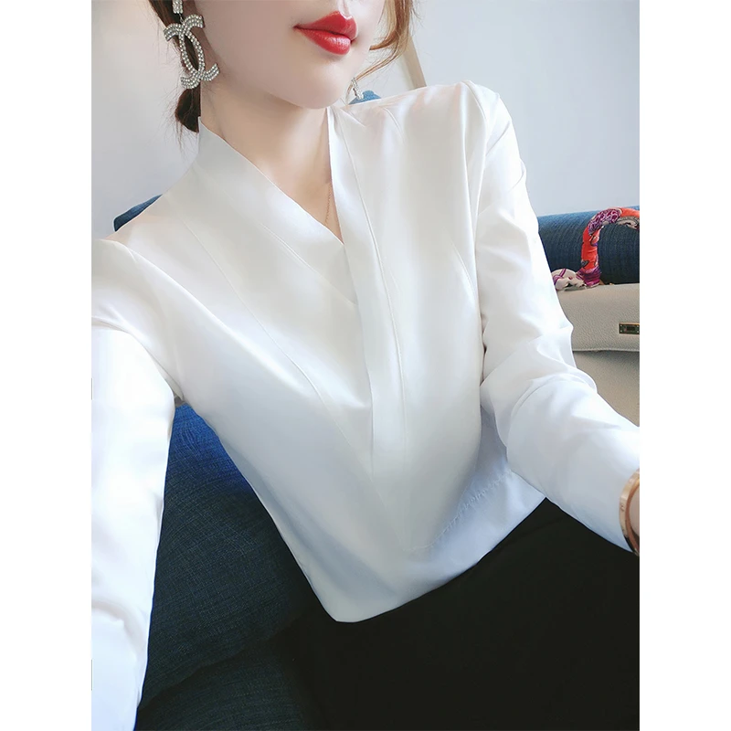 白色高端衬衫女士V领上衣秋装2023年新款长袖设计感小众法式衬衣