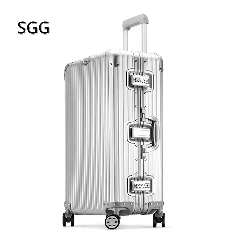 SGG全铝拉杆箱镁合金行李箱金属拉杆耐磨条纹白色旅行箱高档时尚