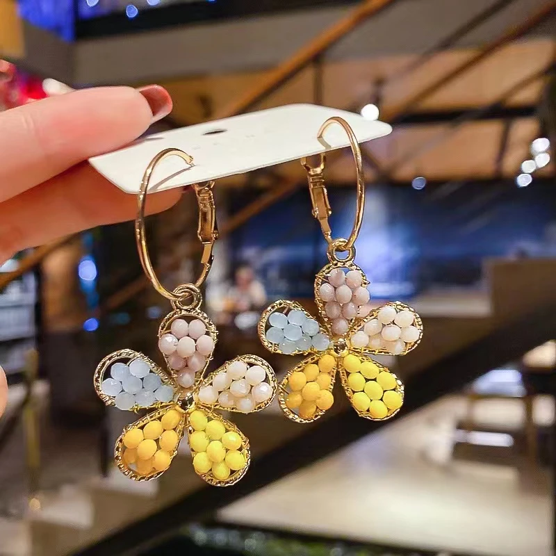 铜合金仿珍珠耳饰 欧美风糖果色手工米珠五瓣花耳环