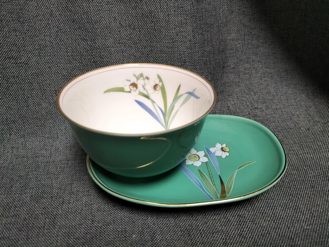 瑞陶作绿色珐琅彩茶具01/95-1一杯一碟价陶瓷手绘花纹描金杯碟