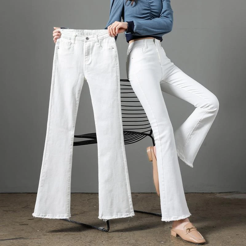 白色裤子喇叭裤高腰显瘦女款爆款2025冬季加绒小个九分微喇牛仔裤