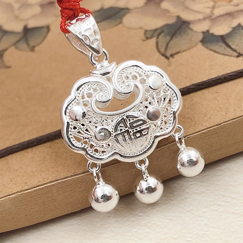 吊坠足银素款 S999纯银锁富贵长命锁宝宝满月镂空福锁平安锁