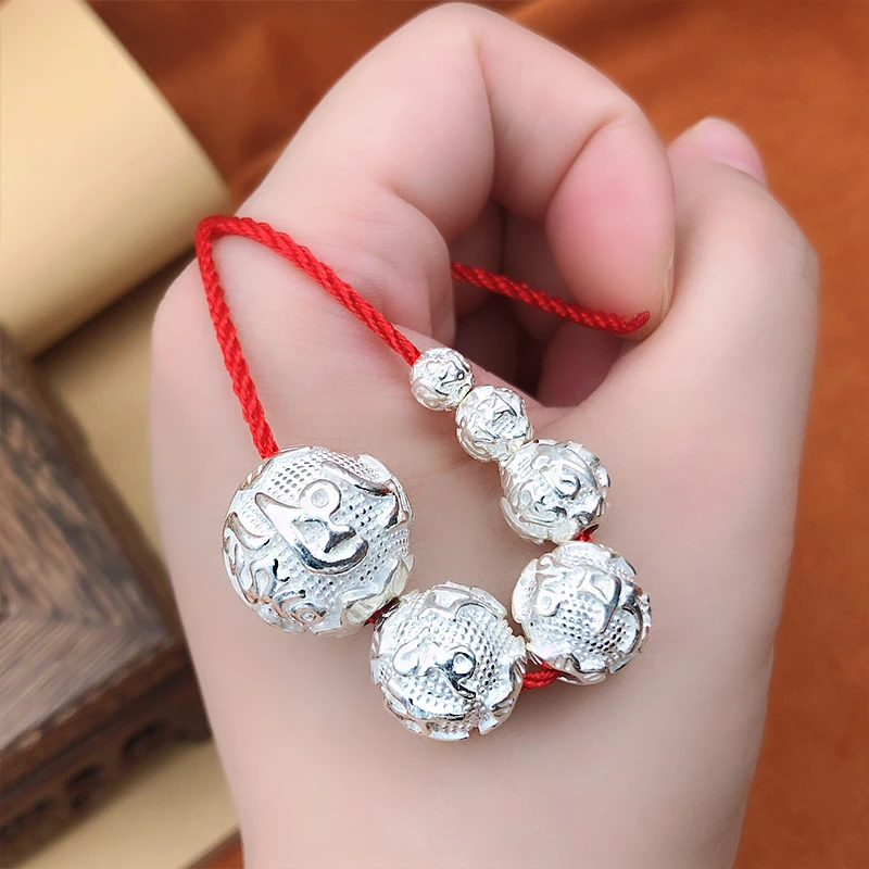 足银银制品 纯银六字真言转运珠男女款S999珠子diy手工串珠圆珠