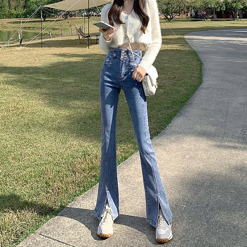 高腰开叉牛仔裤女春装2024新款chic紧身显瘦分叉垂感拖地喇叭裤子