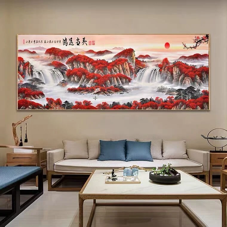 【客厅横版画】沙发办公室山水画中国风水挂画高端晶瓷镶钻装饰画