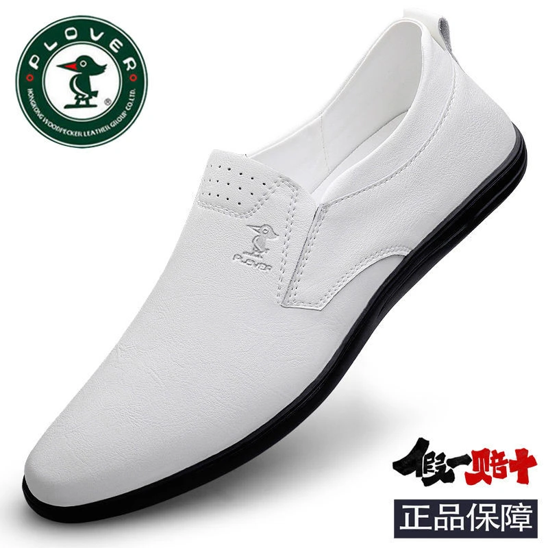 PLOVER正品休闲皮鞋男真皮软底透气时尚驾车鞋真牛皮白色夏天男鞋