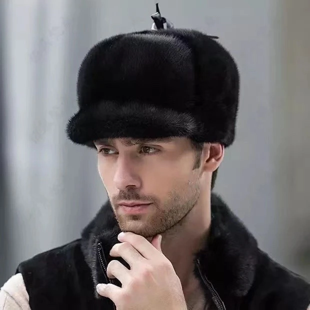 中老年款水貂皮帽子保暖护耳老爷帽！秋冬护耳帽男士针织贝雷帽针