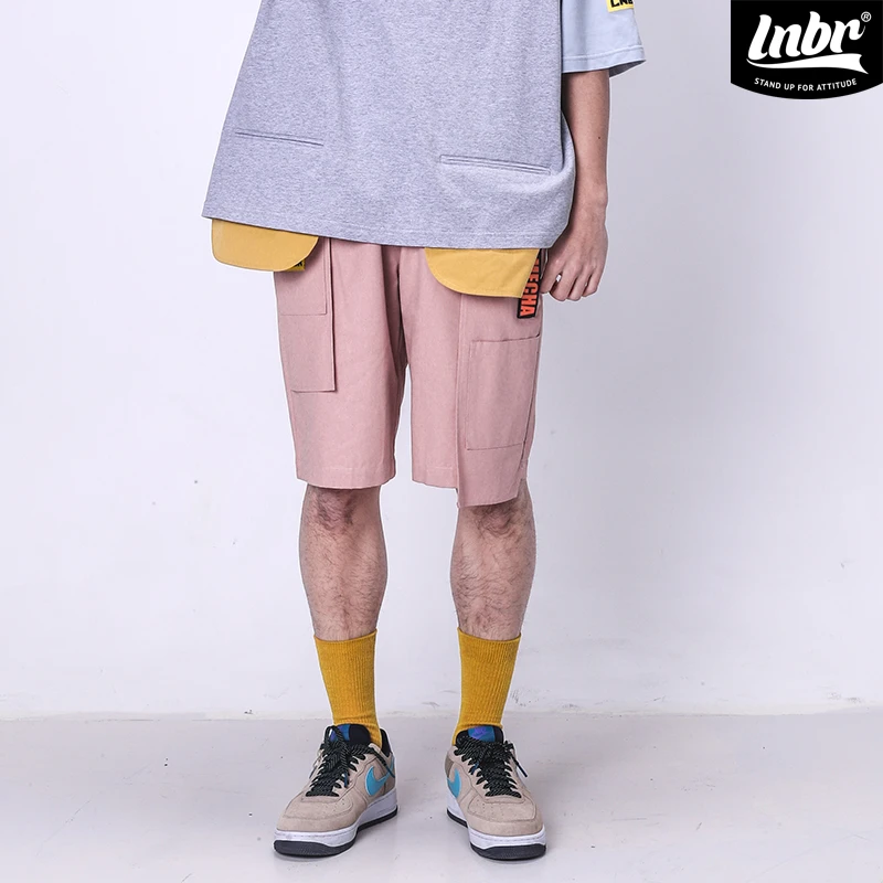 LNBR男士裤子直筒原创潮牌粉色多口袋工装短裤宽松休闲运动中裤